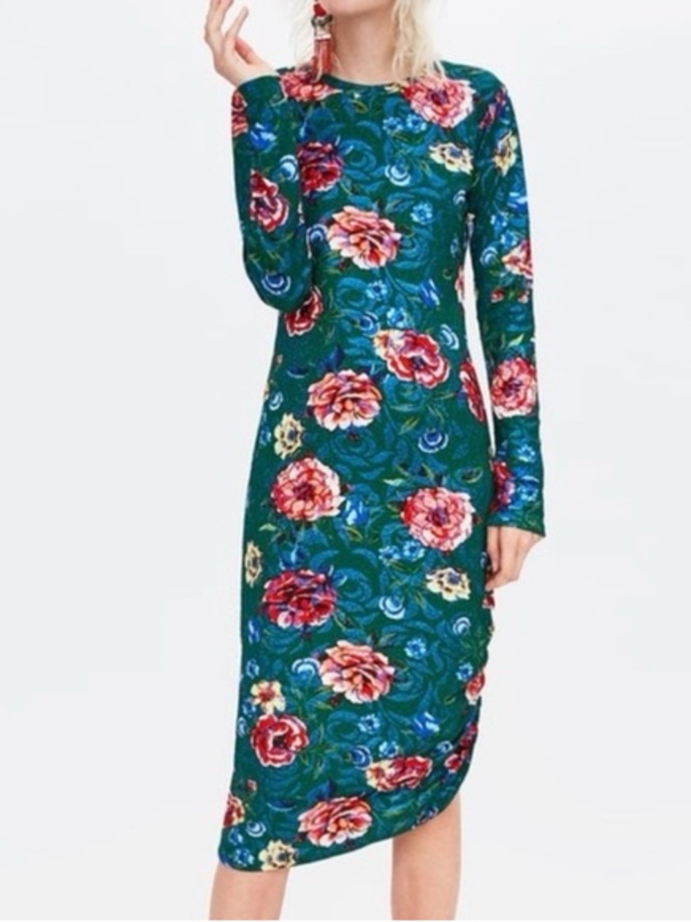 Zara Floral Long-Sleeve Midi Dress in Teal‎ Green